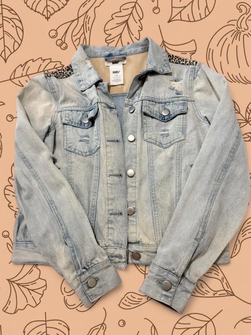 AMP Light blue denim jacket with leopard print collar Size XS